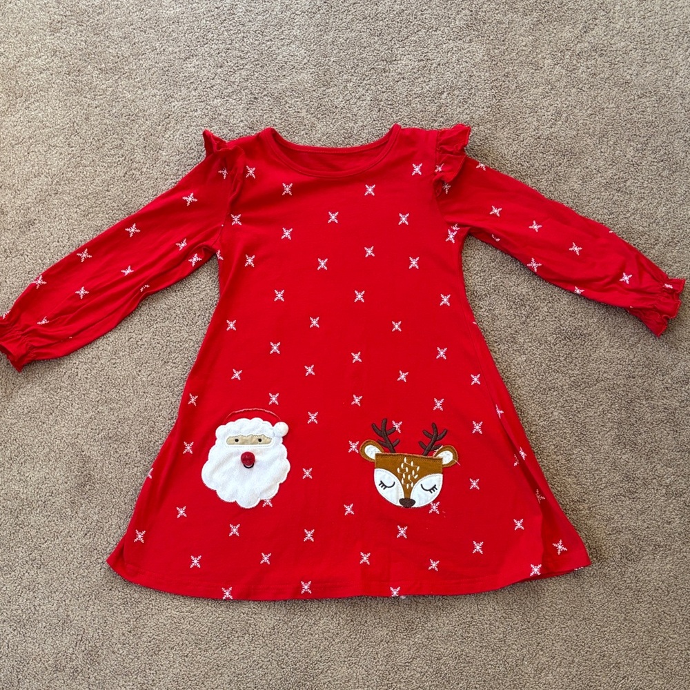 Red Holiday Dress with Santa and Reindeer